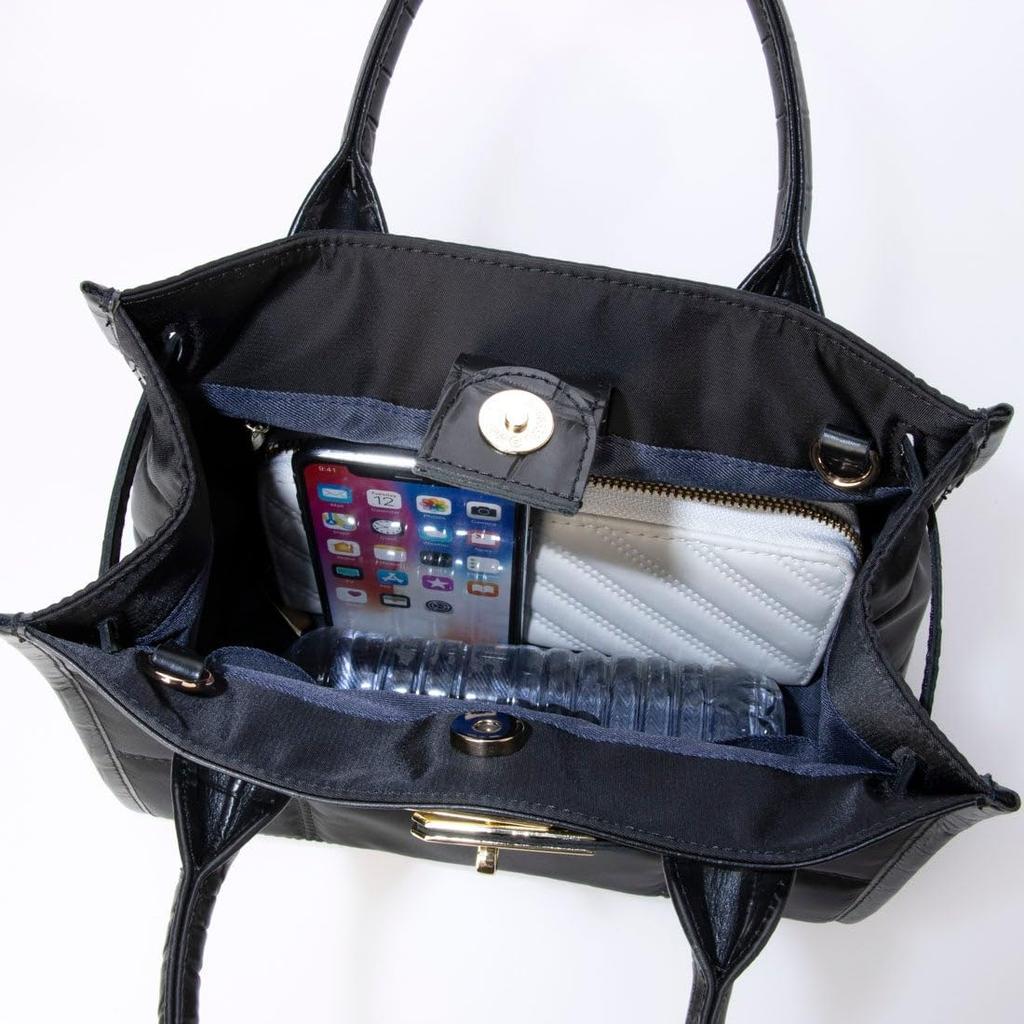 [Perke] Nylon quilted x Crocodile embossed cowhide 2-way tote bag S