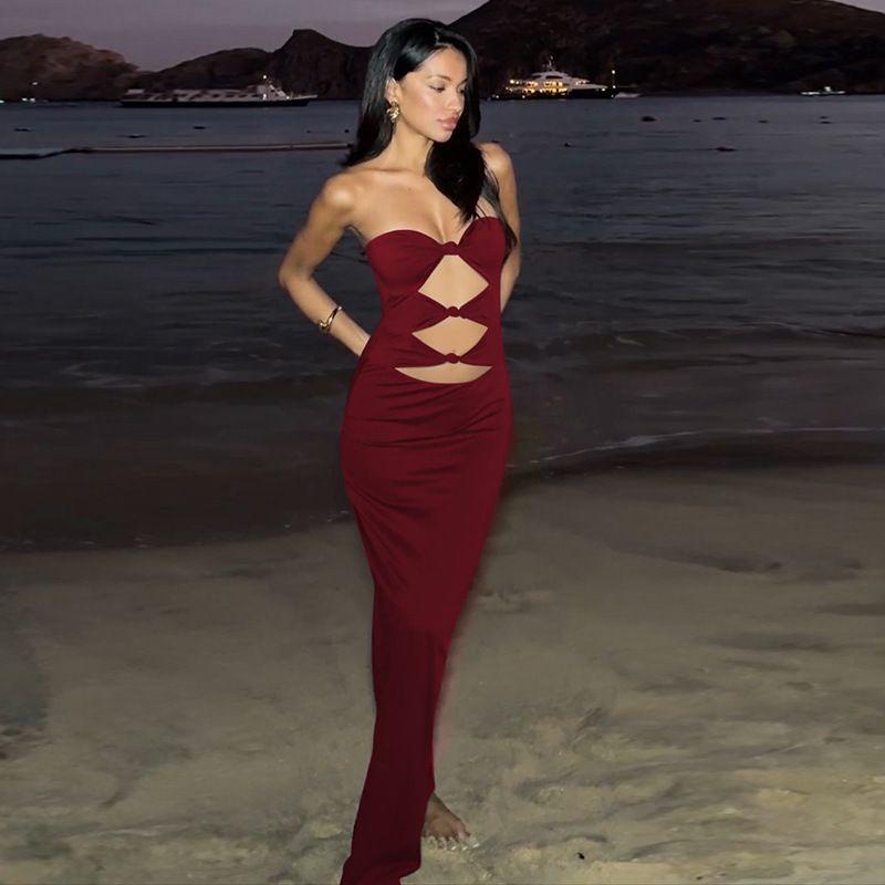 One Neck Twisted Hollow Slip Dress off-the-Neck Twist Knot Cut Out Split Dress