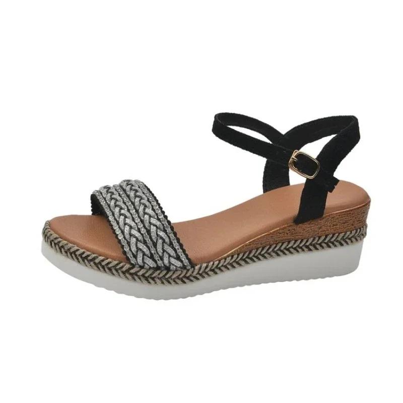 

Женские легкие босоножки на танкетке, женская обувь на платформе, женские повседневные пляжные сандалии на плоской подошве, Sandalias Mujer 2024, женская обувь 43 чёрный