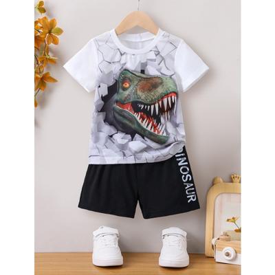 Summer Boys' Suit T-Shirt Tops Shorts Dinosaur Print Casual Fashion Children's Clothing 4-7y