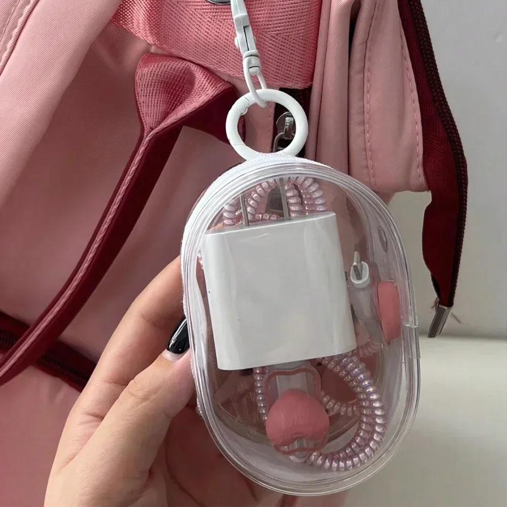 

Portable Mini Transparent Storage Bag with Zipper Multifunctional Headphone and Charger Case Travel Accessories with Keychain білий