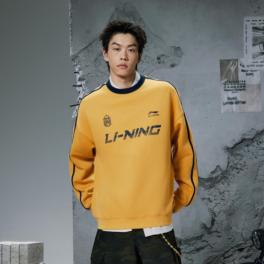 Li-Ning Sports Lifestyle Series Round Neck Loose Retro Letter Striped Color Block Versatile Sweatshirt Unisex Sweatshirt Mineral-Yellow AWDVF87-3