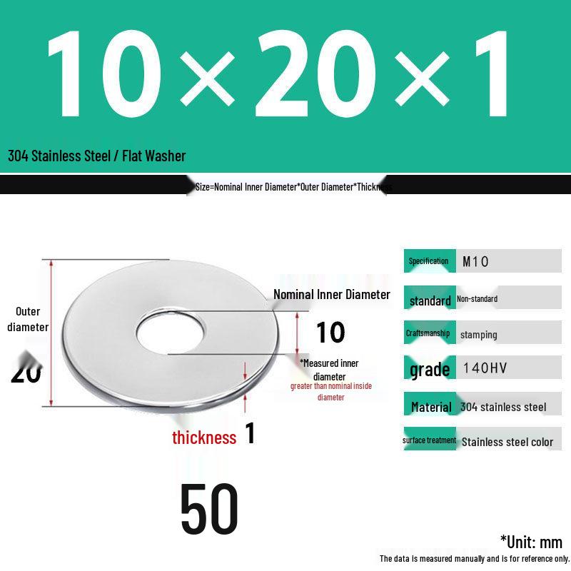 304 Stainless Steel Thickened Flat Washer Set, Sizes 2-36