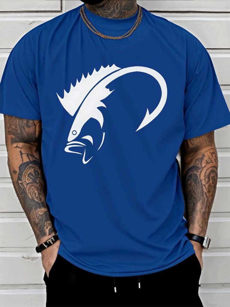 Clean Minimal Marlin Fish Hook Silhouette Graphic Unisexs Cotton Crew Neck Tee Short Sleeve Loose Casual Daily Street Male Wear Top