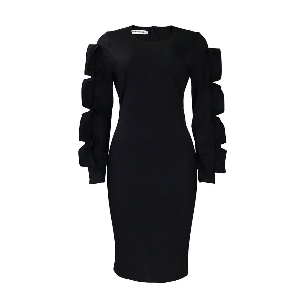 Women s Round Neck Long Sleeve Midi Dress Bodycon High Waist Elegant Ruffle Sleeve Office Pencil Dress S чёрный