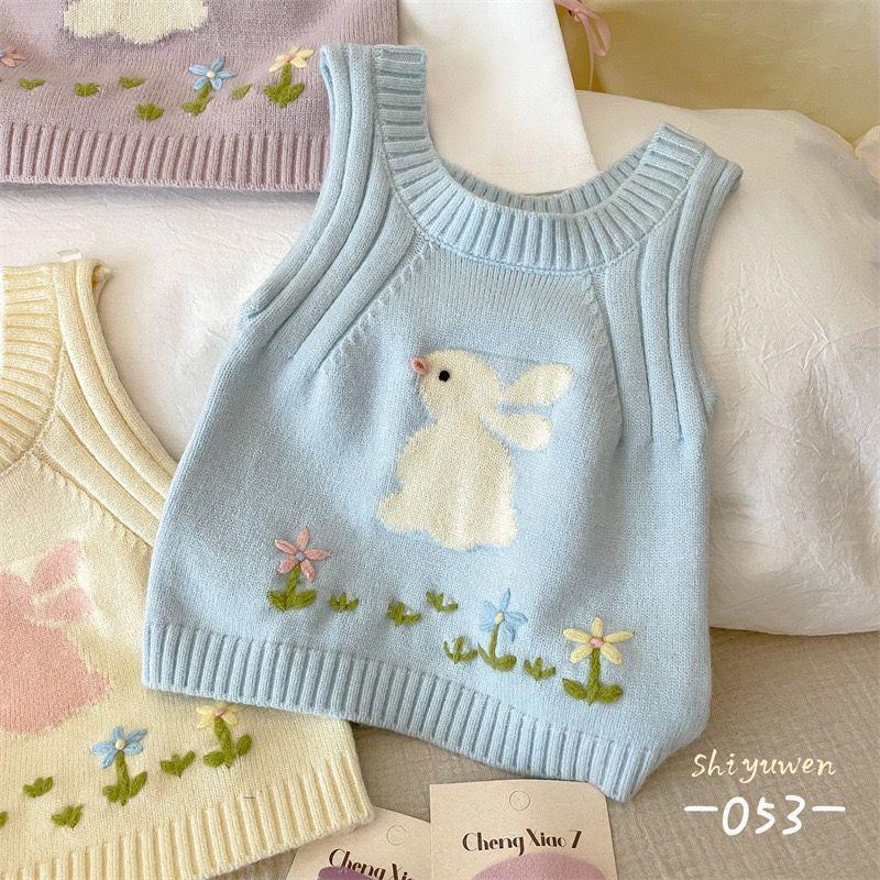 Κορεάτικο Πλεκτό Γιλέκο με Κουνέλι Κινουμένων Σχεδίων για Κορίτσια - Αμάνικο Φθινοπωρινό/Χειμερινό Πουλόβερ