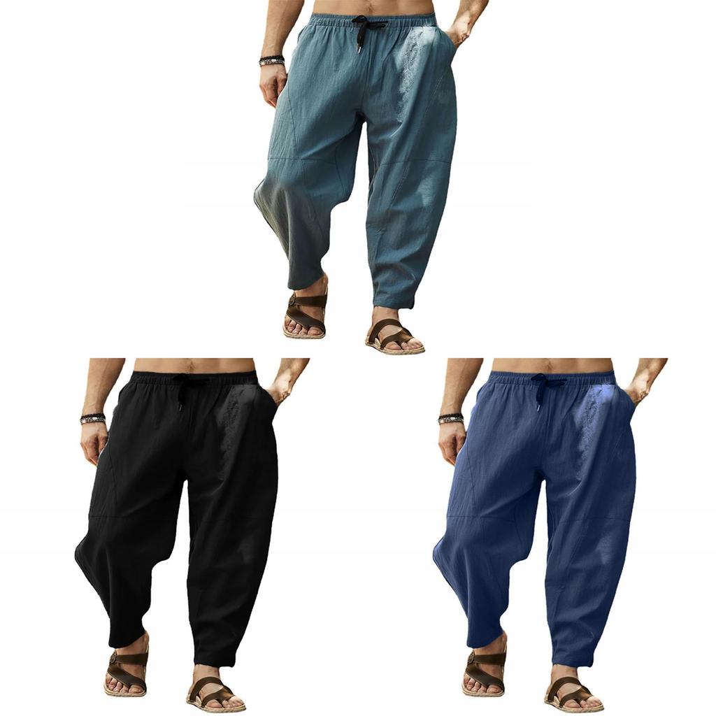 Hip Hop Mens Loose Cotton Linen Drawstring Casual Pants For Urban Style