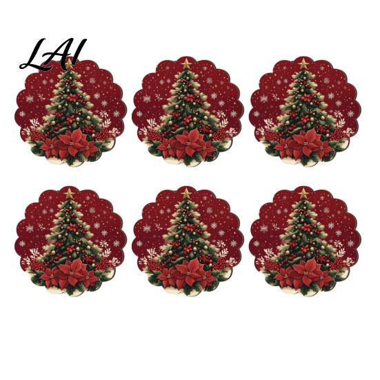 Holiday Table Decor 4/6Pcs Christmas Animal Wooden Coaster Festive Plaid Floral Round Drink Housewarming Gift Ideas Mats Decorations for Home Office