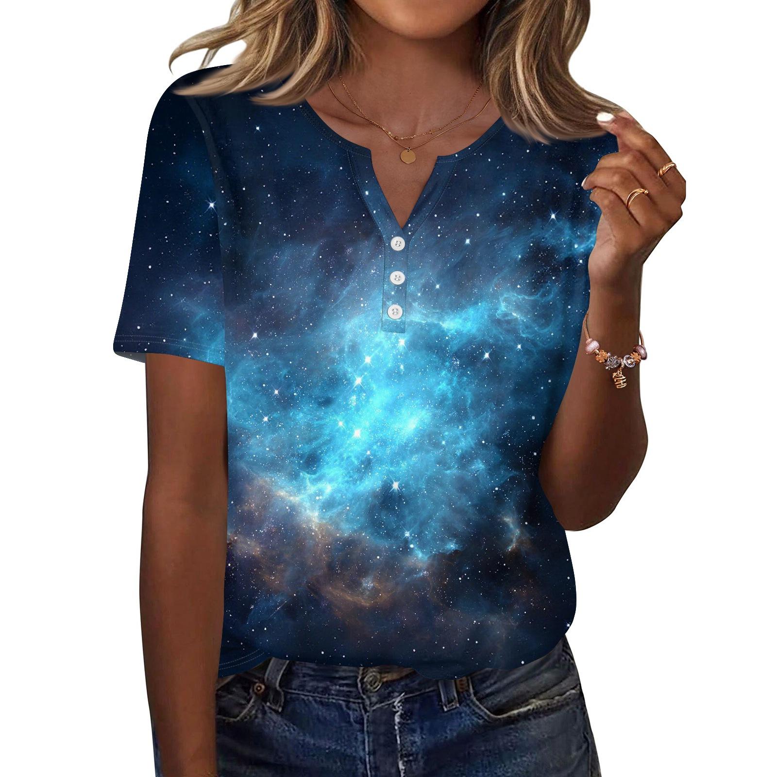 

Women s T Shirt Print Button Short Sleeve Daily Weekend Fashion Basic V, Neck Regular Top XXL синій