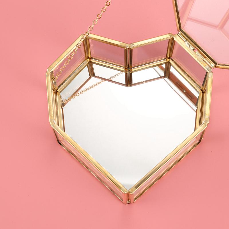 A25F-Flip Love Heart Shaped Geometric Glass Jewelry Box Glass Ring Box Exquisite Unique Wedding Jewelry Box Ring For Wedding Dec