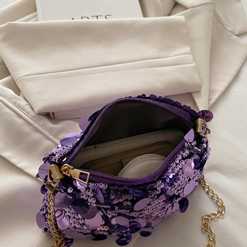 Sequin Evening Party Shoulder Bag for Women Lightweight Chain Crossbody Bag Solid Color Casual Female Handbag Fashion Trendy