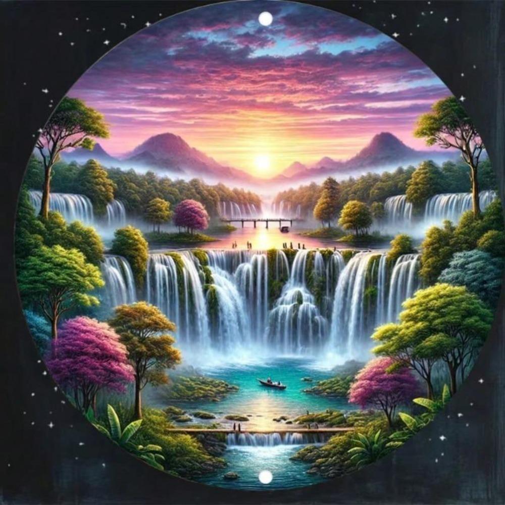 Vintage Metal Wall Art Round Tin Sign Fantasy Waterfall Decor Home Bar Gift