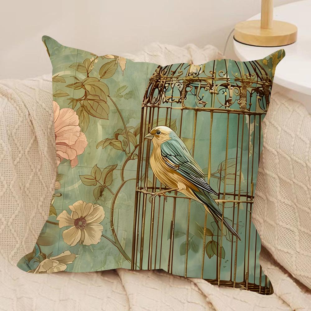 Lovely Bird Retro Cushion Cover Silky Short Plush Invisible Zipper Dustproof Sofa Pillow Case For Home Decor