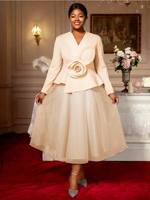 Elegant Women A Line Dress V Neck Long Sleeve 3D Flower Peplum Patchwork Mesh Wedding Guest Church Party Outfit Autumn New