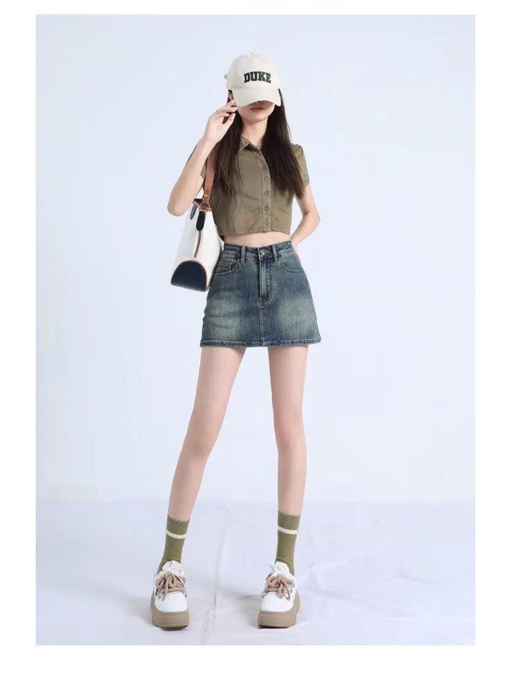 2025 Summer High-Waisted Distressed Denim Skort with Anti-Exposure Feature