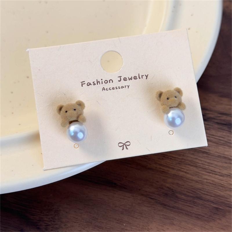 Autumn Winter Earrings Coffee Colored Flocking Bear Earrings Sweet Cartoon Style Ear Studs Suitable for Trendy Women