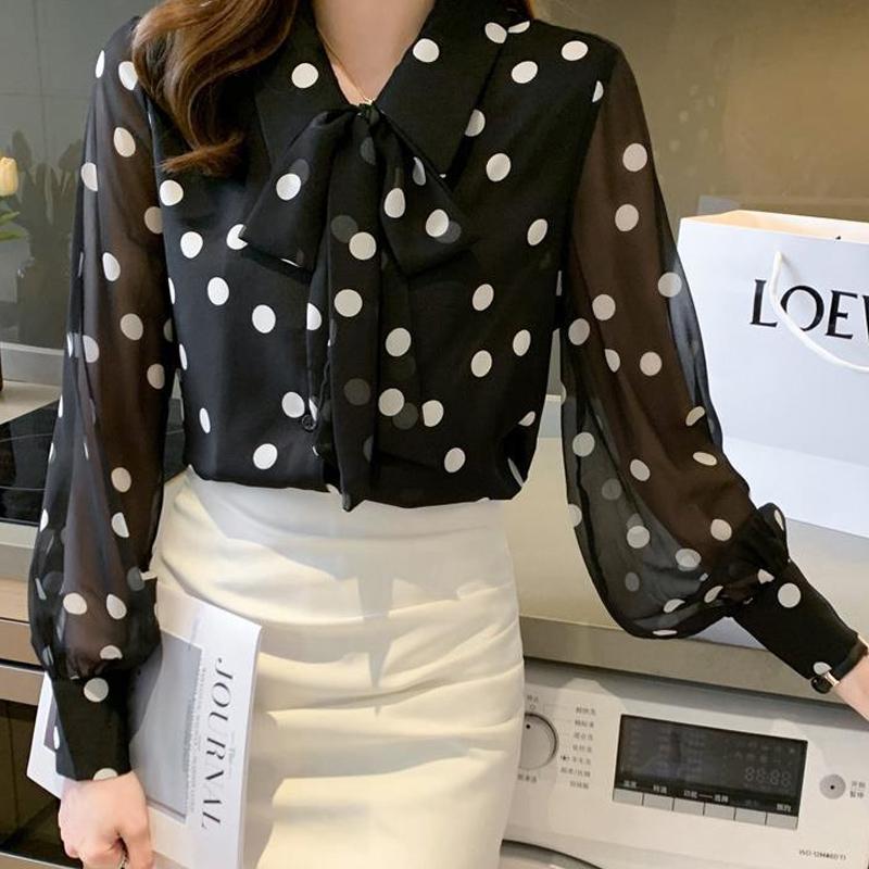 Spring Autumn Elegant Fashion Polka Dot Printing Shirt Ladies Long Sleeve Temperament Bow Blouse Women Casual Blouse