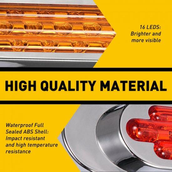 2Pcs 6-1/2" 16-LED Truck Trailer Side Marker Turn Signal Amber Lights Chrome 12V