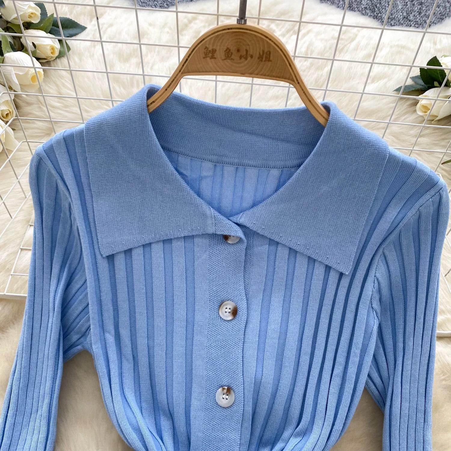 Винтажное отложной воротник элегантное длинное рукав однобортное бандажное трикотажное — фото 6