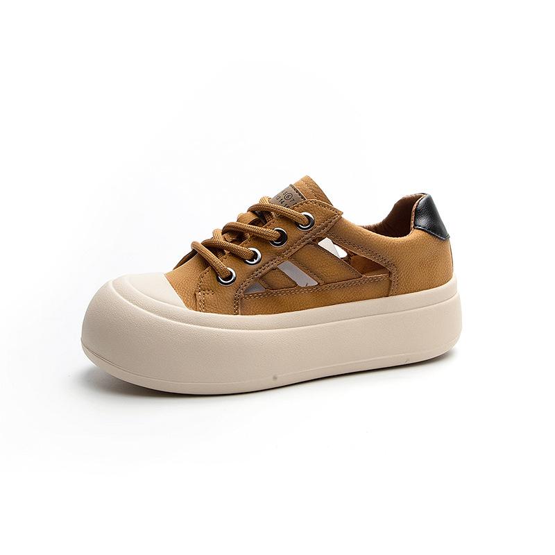 Summer new breathable leather hollow women's shoes soft sole versatile single shoes casual style retro board shoes women