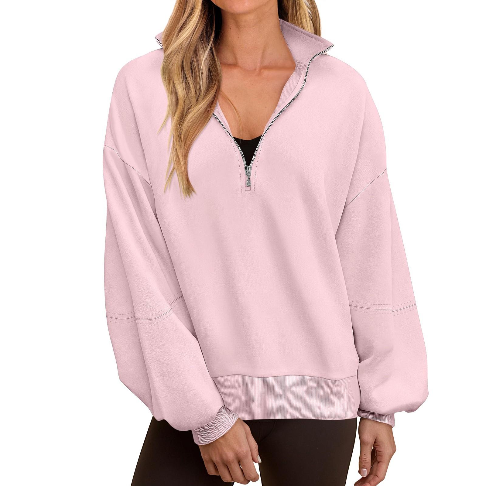 

Свитшоты-пуловеры для женщин с воротником-стойкой, мягкие, удобные, на флисовой подкладке, повседневные, больших размеров, осенние свитера с карманом XL розовый