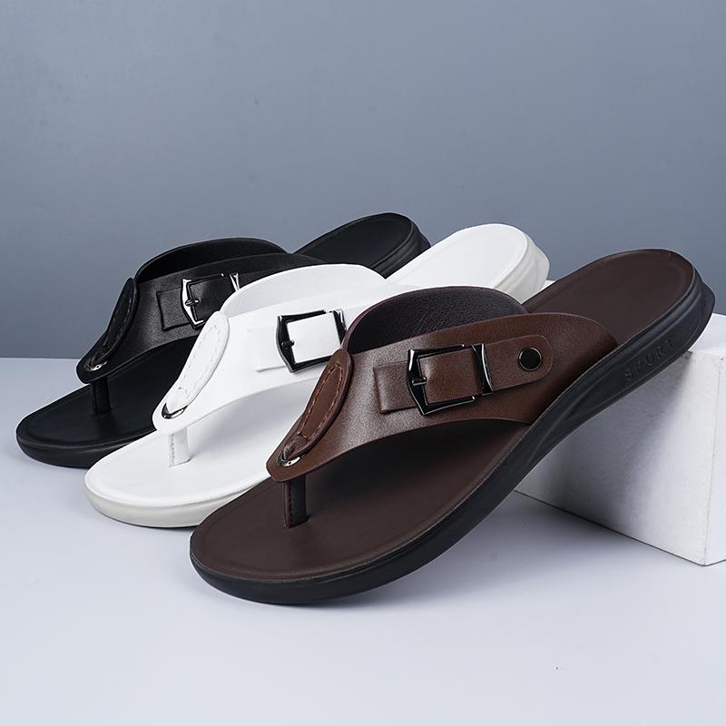Men Black Slippers Simple Flats Flip Flops Summer Brown White Open Toe Sandals Outdoor Beach Shoes Plus Size 46 47 48