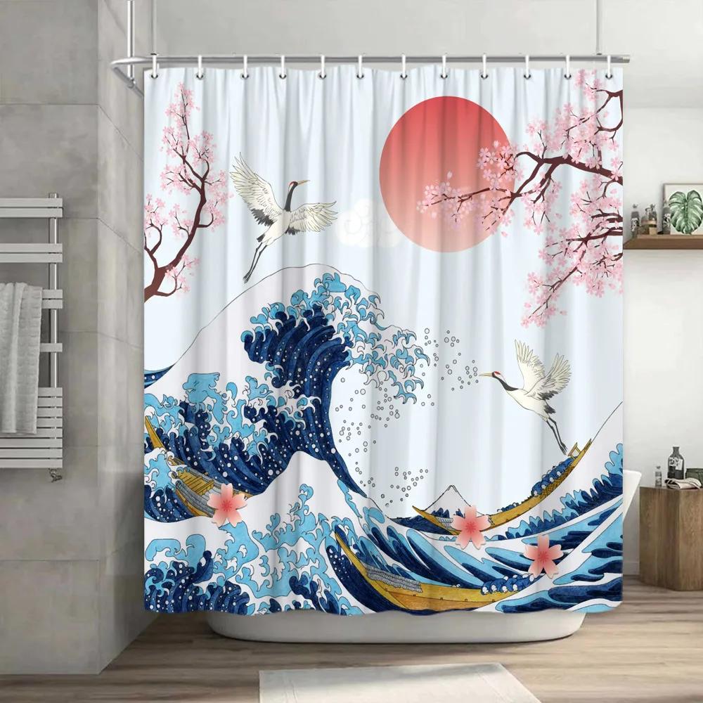 Funny Shower Curtain Brave Cat Cartoon Shower Curtain Waves Ocean Decor Fabric Shower Curtain Set with Hooks Bathroom Decoration