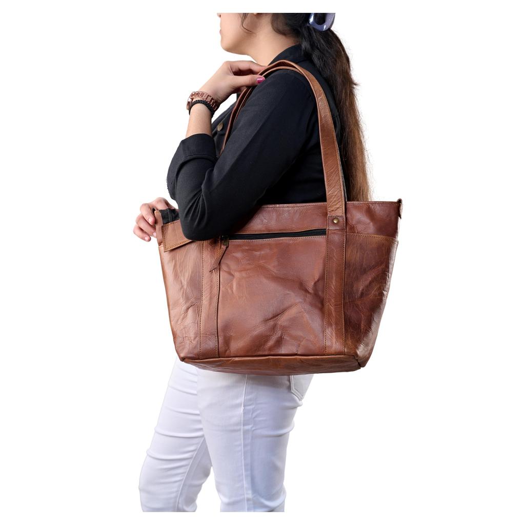 Borsa a Tote in Pelle Vintage Fatta a Mano – Borsa da Giorno da Donna