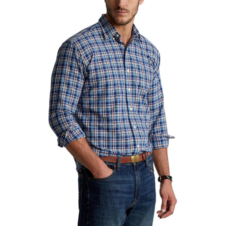 Polo Ralph Lauren FW22 Plaid Logo Embroidered Polo Shirt Men Shirts Blue 16822595-999