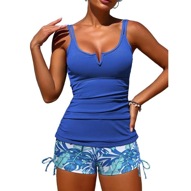 Damen V-Draht Tankini Badeanzüge Bauchkontrolle Raffiniertes Oberteil Zweiteiliger Badeanzug mit High-Waist Shorts