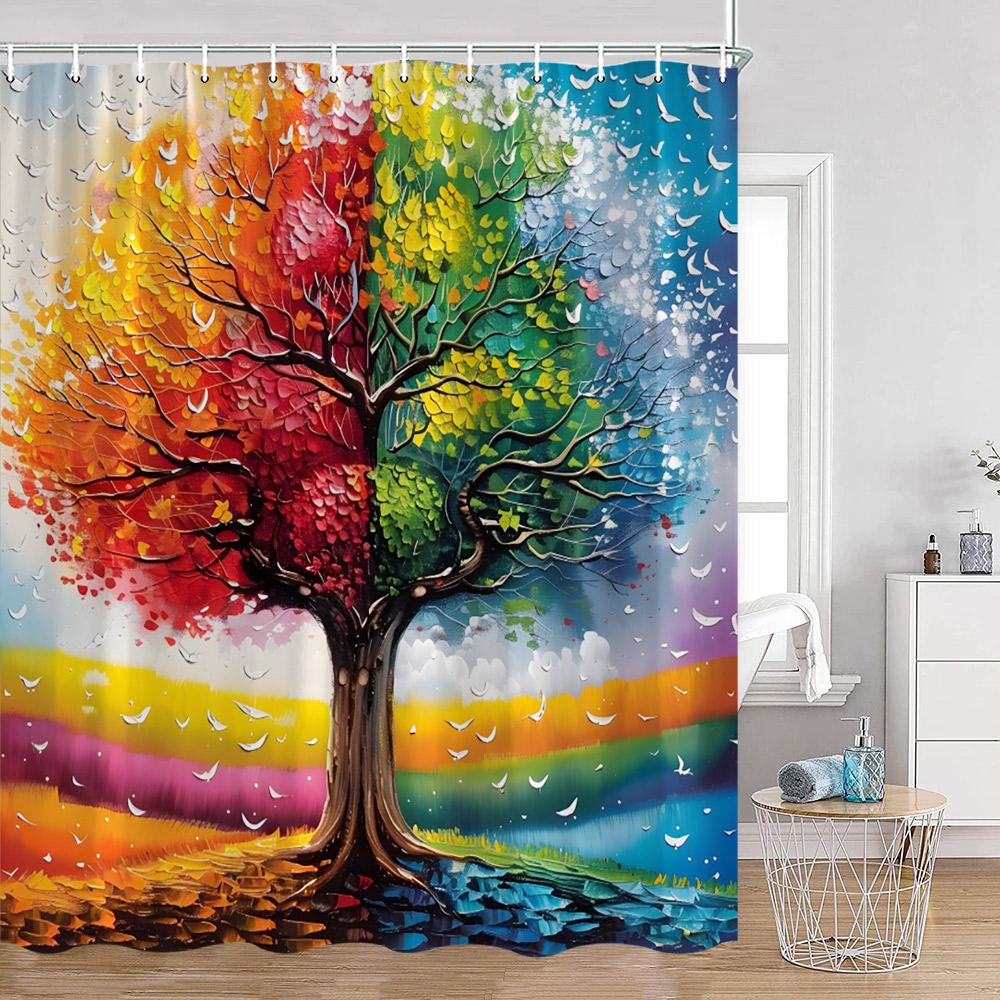 Jahreszeiten Baum Ölgemälde Duschvorhänge Fantasy Baum Wald Bunt Aquarell Blätter Badezimmervorhang Polyester Badezimmerdeko