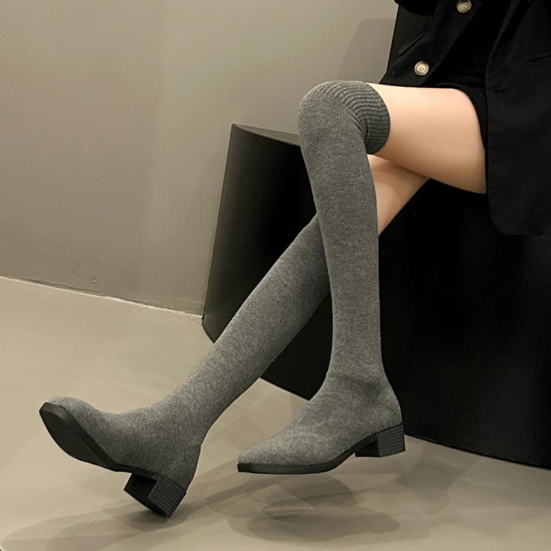 Skinny Over-knee Elastic Boots Women's Round Head Thick Heel 2024 Autumn New Elastic Boots Knitted Socks Boots with Socks Boots