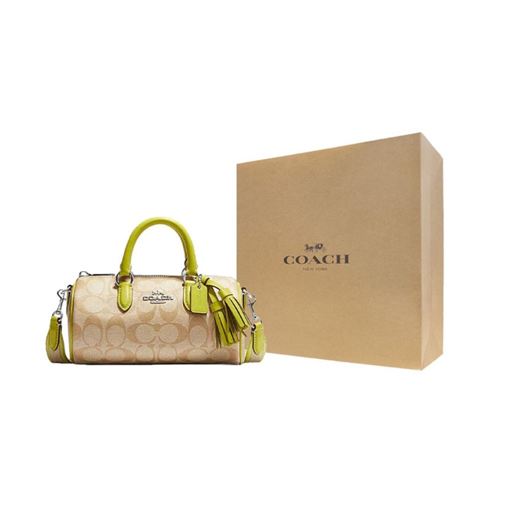 Coach Lacey 20 Letter Logo Plaque Classic Print Tassel Coated Canvas And Leather Tote Bag Small Women tote bags Brown Yellow CB874-SVVRE