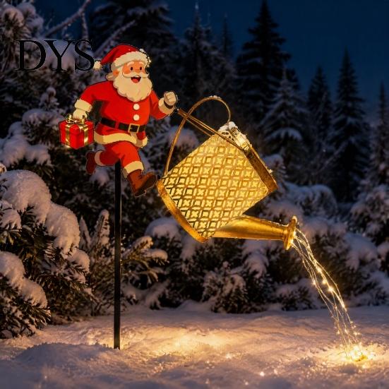 Automatische An/Aus-Terrassendekorationen Solarbetriebene Gartenleuchten, Weihnachtsmann Gießkannen-Spießlicht Energiesparende Hofdekoration für Außenwege