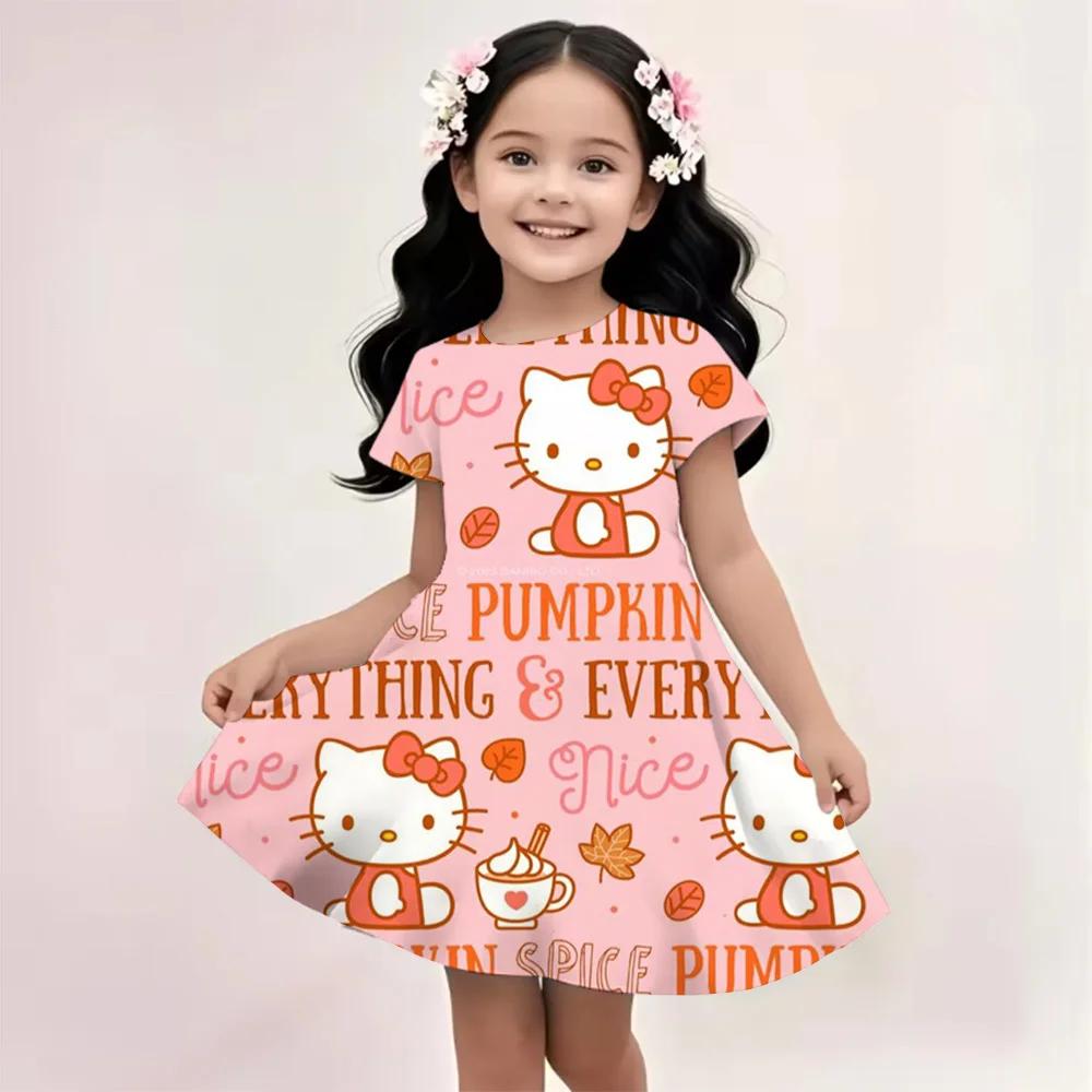 Sanrio New Summer Girls Dress Hello Kitty 3D Printed Fashionable Cartoon Cute Princess Girls Clothes Skirt Party Boys Kitty Cat