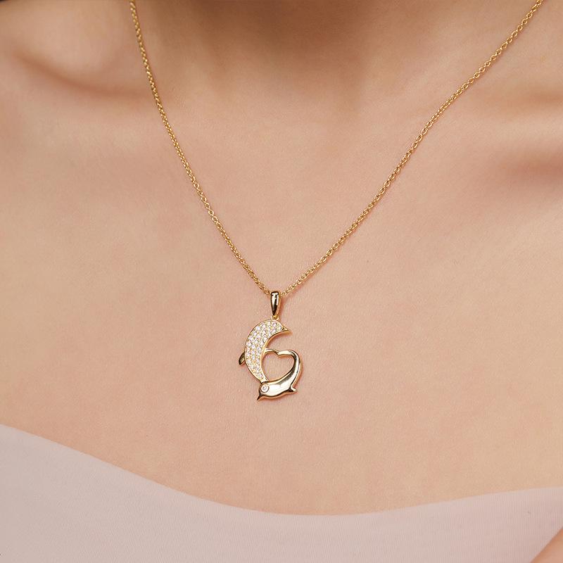 Korean Style Moissanite Dolphin Love s925 Silver Necklace for Women - Elegant Clavicle Chain