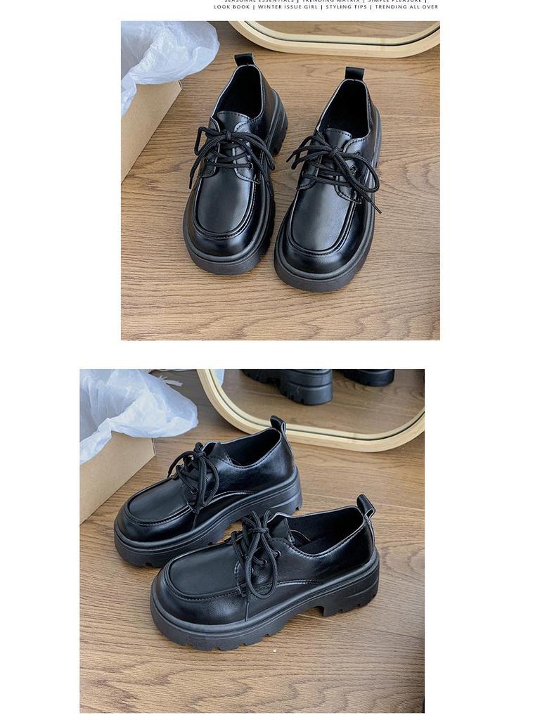 Women's Thick-Soled British-Style Leather Loafers: Spring/Autumn, Round-Toe, Lace-Up, JK Japanese-Inspired, Versatile Chunky Heel