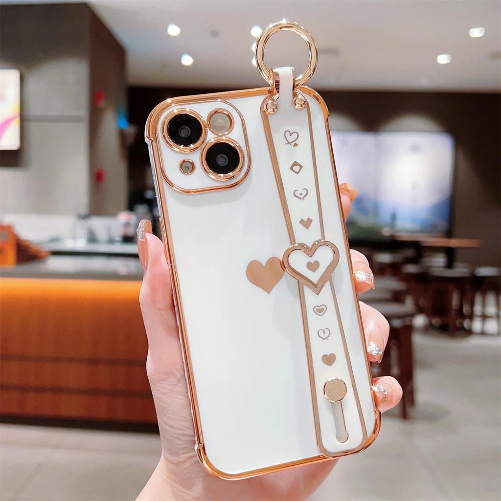 For iPhone 13 Case Love Heart Pattern TPU Phone Cover Wristband Finger Holder