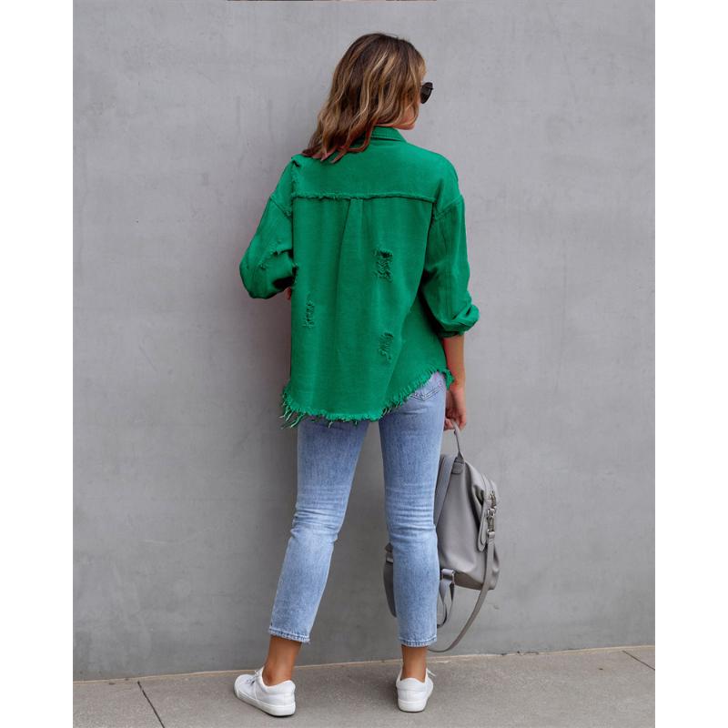 Holes Raw-edges Denim Jacket Women Spring Autumn Shirt Style Jeancoat Casual Top Rose-Red Orange Purple Outerwear Lady Coat