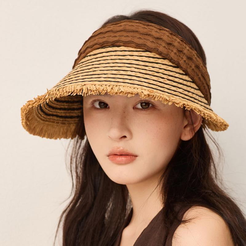 Foldable Sunscreen Hat Summer Seaside Travel Straw Hat Striped Large Brim Sunshade Hat
