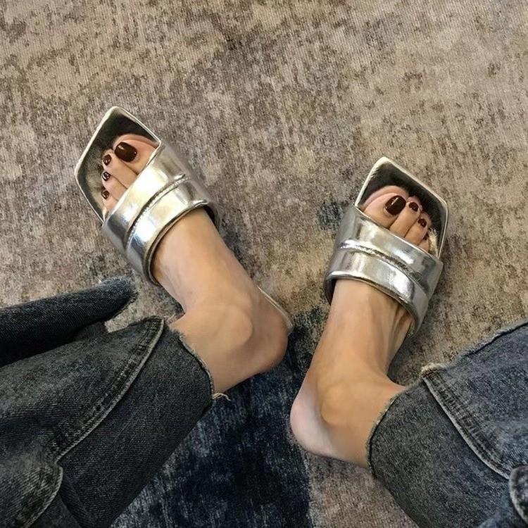 Summer New Brand Women Slipper High Wedge Heel Ladies Elegant Dress Slides Shoes Square Toe Slip on Slippers