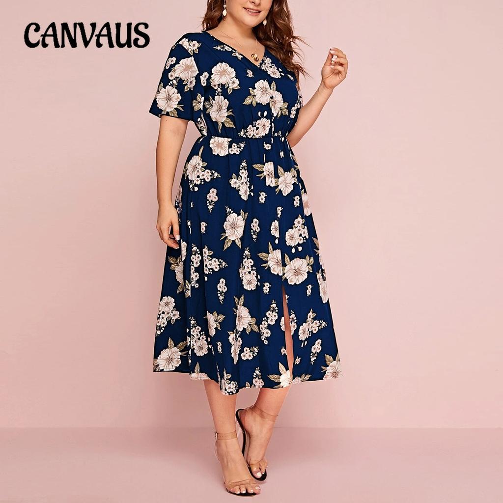 Summer Women's Dress Plus Size Flower Print V-neck Short-sleeved Dress Waist Loose Slit Mid-length Chiffon Skirt