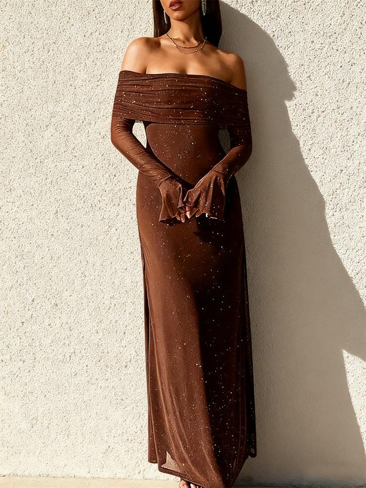 

Элегантное сетчатое платье с открытыми плечами и длинными рукавами-фонариками для весны 2025 L темно-коричневого
