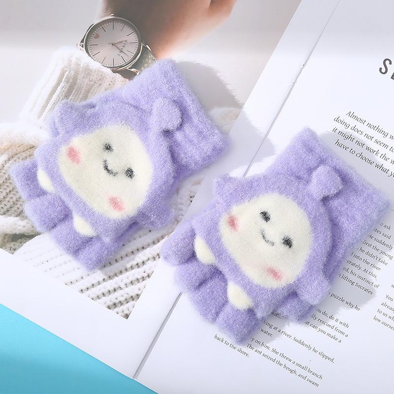 Autumn and Winter New Cute Girl Dumpling Flip Gloves Fresh and Sweet Versatile Thickened Plush Half-finger Gloves