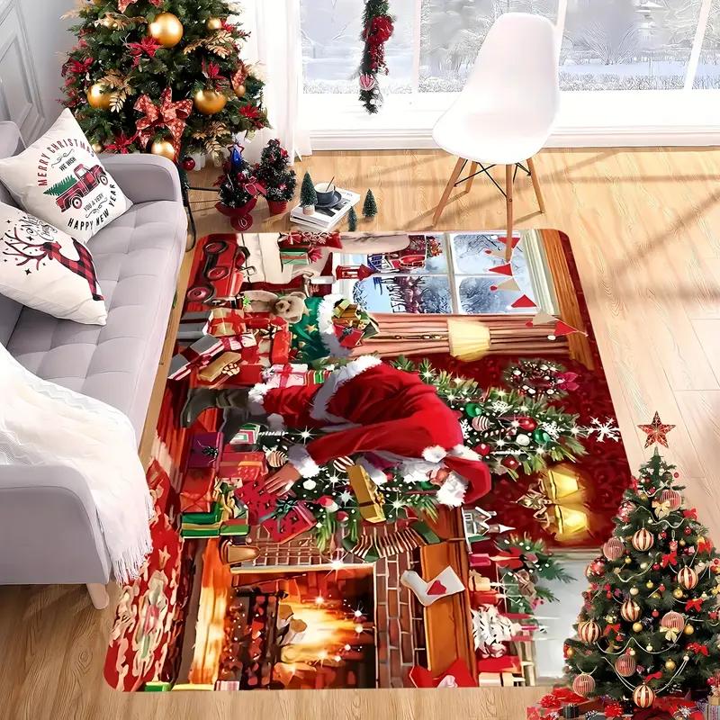 Christmas Living Room Rugs Santa Sleigh Design Merry Christmas Print Holiday Decor Mats for Festive Home
