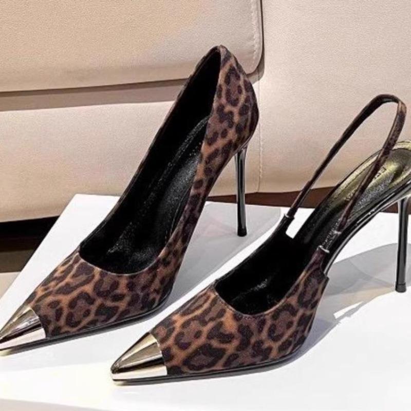 Fashion Women's Fashion Slim Heel Shoes Spring New Metal Pointed Suede Leopard Slip-on Non-slip High Heels