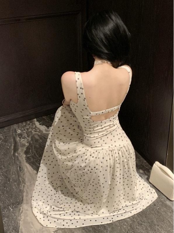Women’s French White Polka Dot Strappy Dress - 2026 Summer/Spring Seaside Vacation Longwear