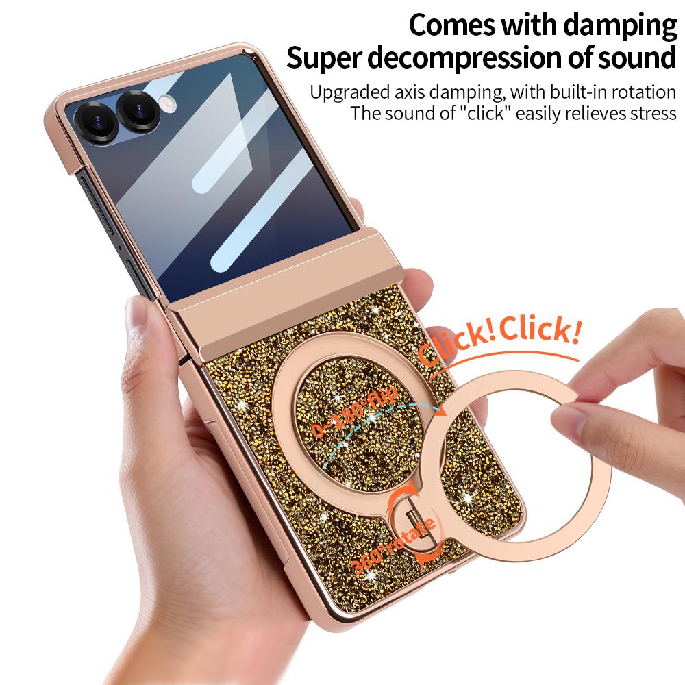 Glitter Faux Leather for Samsung Z Flip 7/6 Phone Case with Magnetic Rotatable Kickstand, Anti-peep Film Protective Hinge Cover