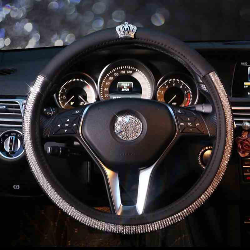 Diamond Crown Car Steering Wheel Cover Leather Crystal Rhinestone Covered Steering-Wheel Covers Women Girls Interior