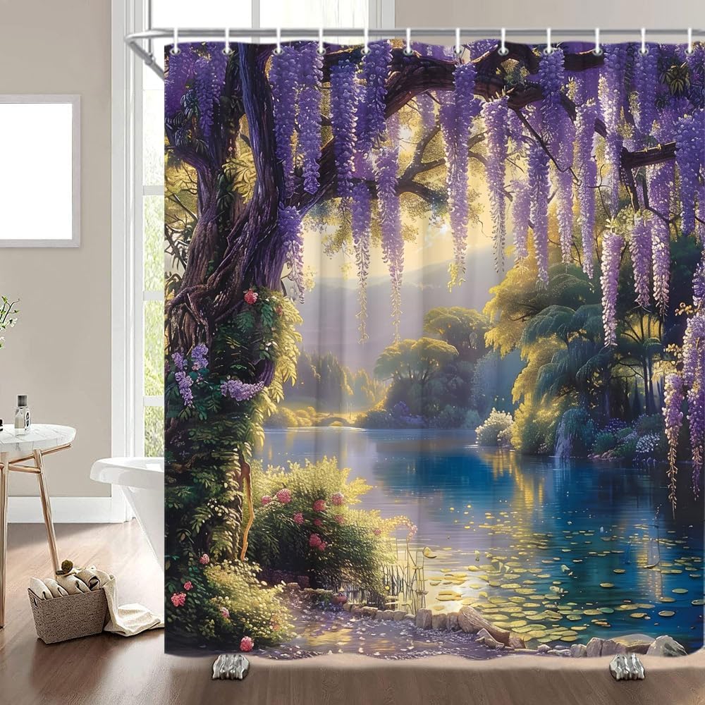 Dunika Chen Purple/Wisteria Fantasy Forest Shower Curtain Floral Lake Mountain Vine Plant Flower Dreamy Spring Garden Fairy Tale Landscape